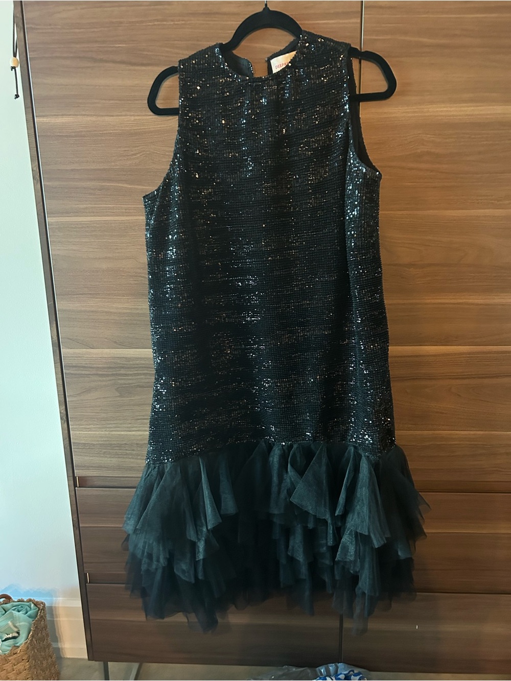 Sleeveless Black Sequin Midi Dress with Tulle Ruffle Hem, fits like xlg